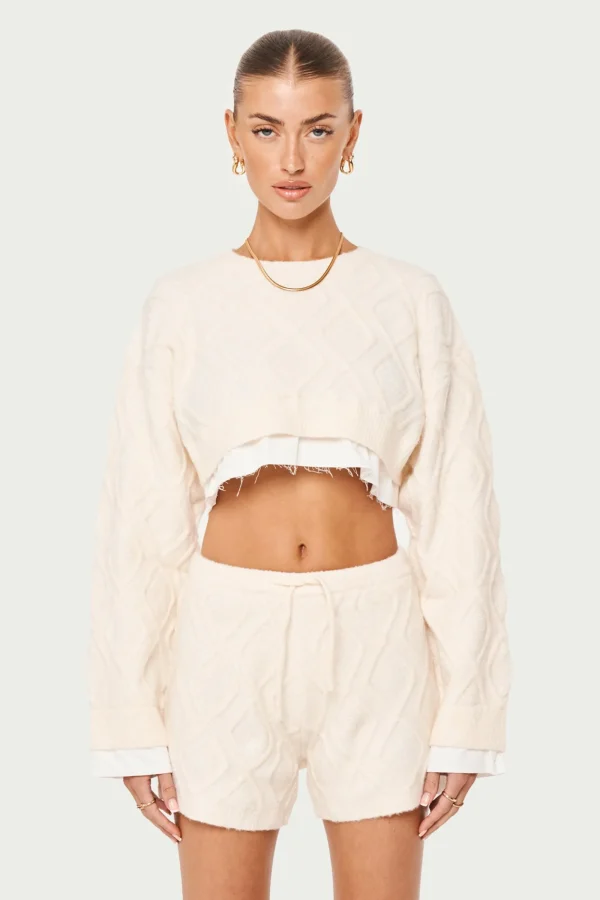 The Couture Club Hoodies-Cable Knitted Cropped Sweater