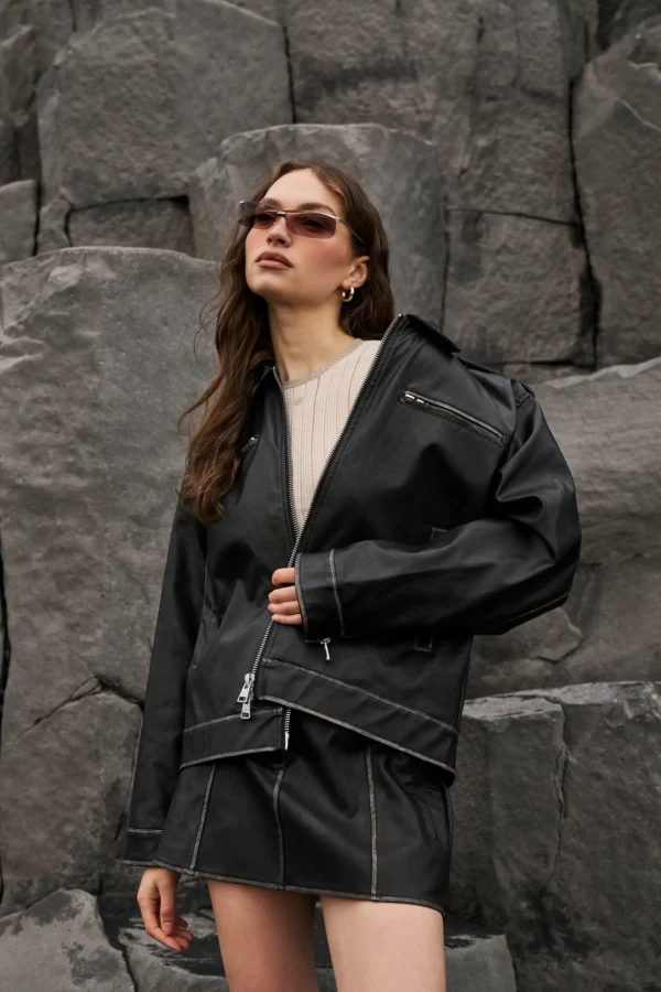 The Couture Club Co-Ords & Sets-Distressed Vintage Biker Jacket