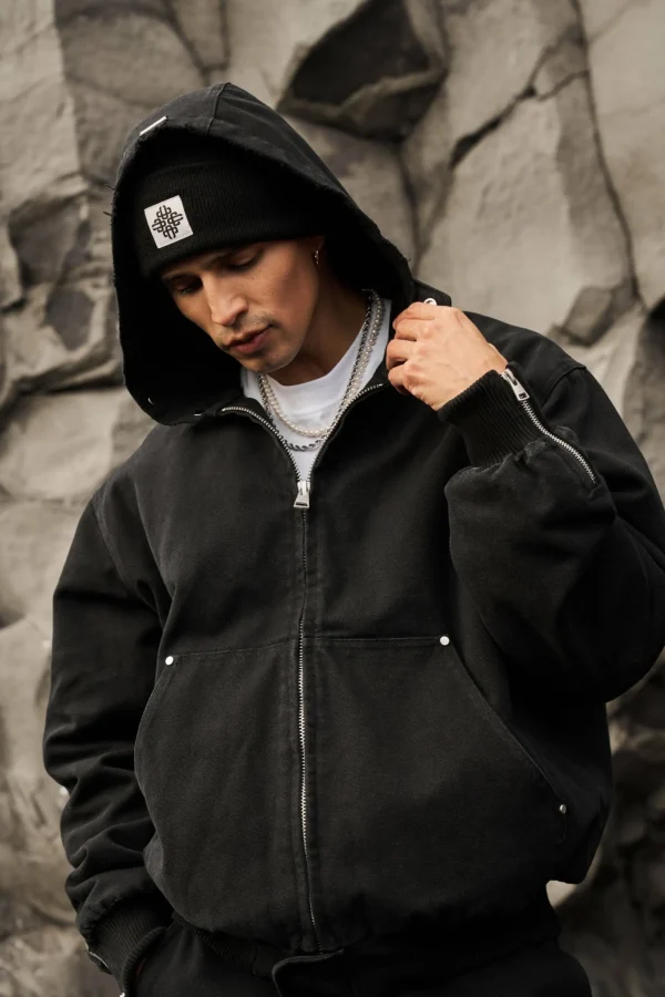 The Couture Club Coats & Jackets-Distressed Woven Canvas Hooded Jacket