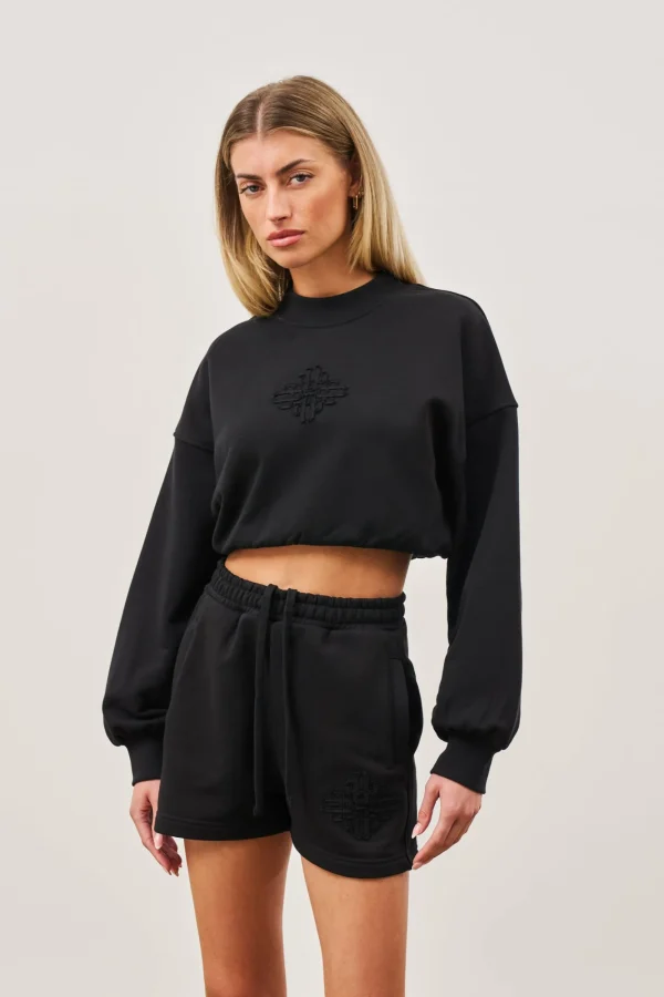The Couture Club Sweatshirts-Emblem Applique Crop Sweatshirt