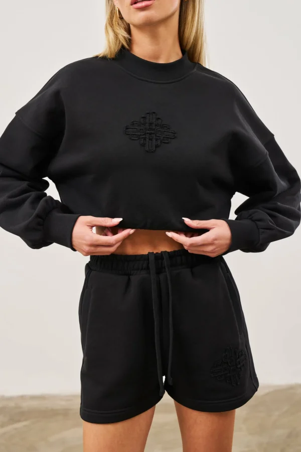 The Couture Club Sweatshirts-Emblem Applique Crop Sweatshirt
