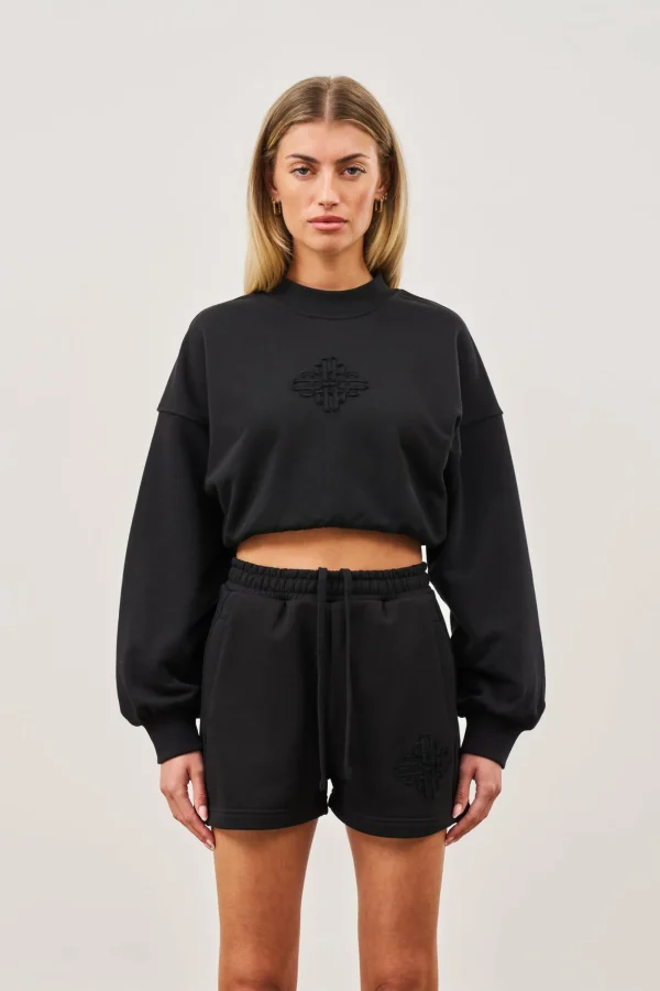 The Couture Club Sweatshirts-Emblem Applique Crop Sweatshirt