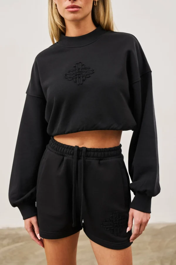 The Couture Club Sweatshirts-Emblem Applique Crop Sweatshirt