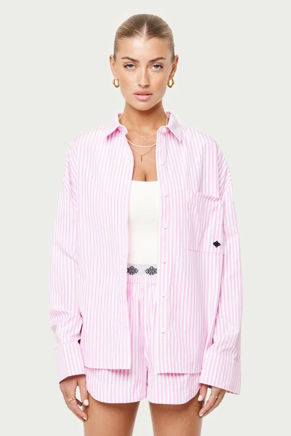 The Couture Club Tops-Emblem Stripe Oversized Shirt