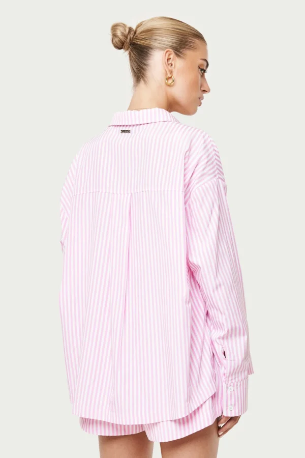 The Couture Club Tops-Emblem Stripe Oversized Shirt