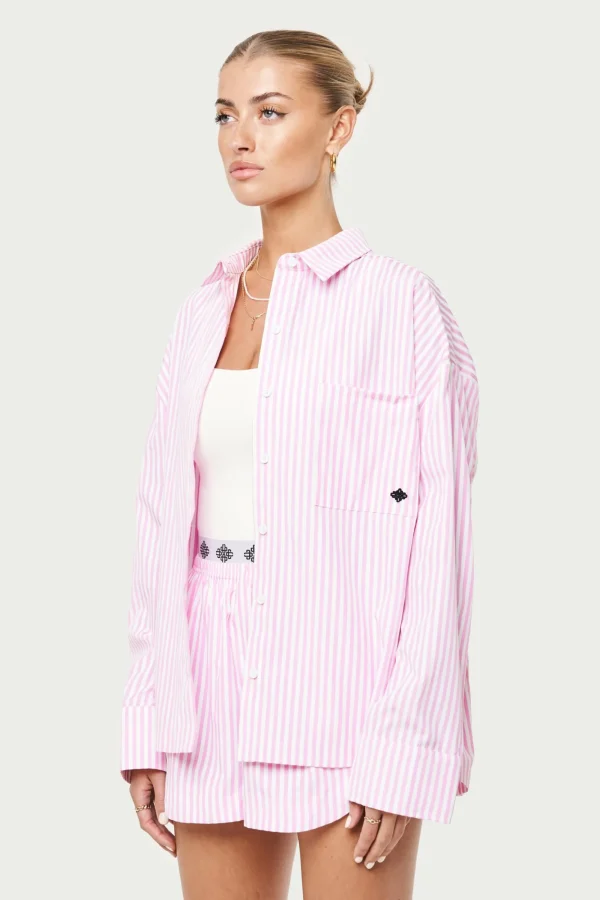 The Couture Club Tops-Emblem Stripe Oversized Shirt