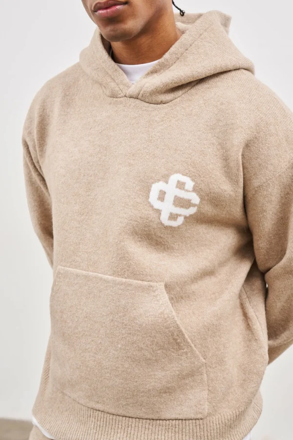 The Couture Club Knitwear-Fluffy Knit Emblem Hoodie