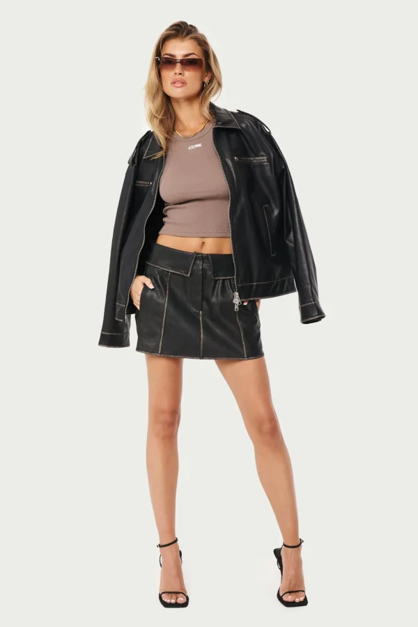 The Couture Club Co-Ords & Sets-Fold Over Waistband Faux Leather Mini Skirt