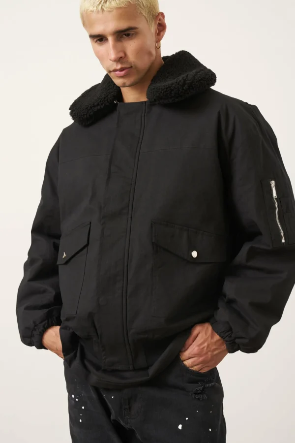 The Couture Club Coats & Jackets-Oversized Borg Detail Bomber Jacket