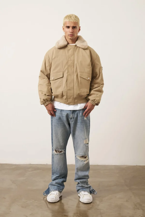 The Couture Club Coats & Jackets-Oversized Borg Detail Bomber Jacket