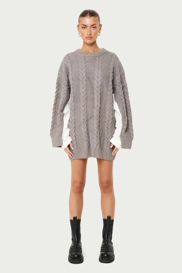 The Couture Club Knitwear-Poplin Panel Cable Jumper Dress