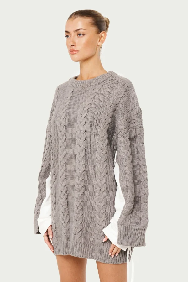 The Couture Club Knitwear-Poplin Panel Cable Jumper Dress