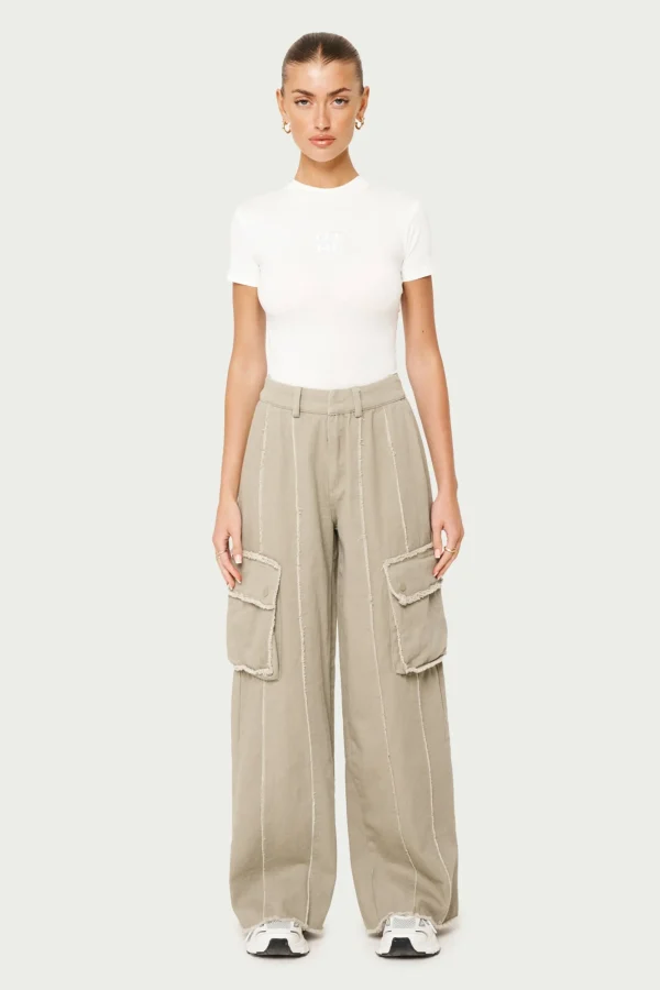 The Couture Club Bottoms-Raw Seam Detail Wide Leg Cargo