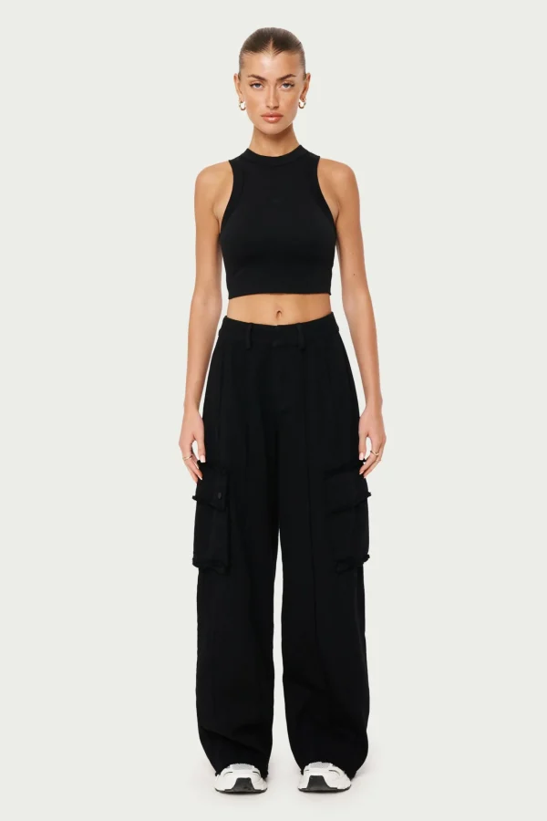 The Couture Club Bottoms-Raw Seam Detail Wide Leg Cargo