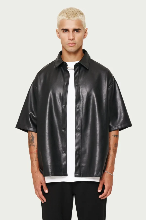 The Couture Club Shirts-Short Sleeve Boxy Leather Shirt