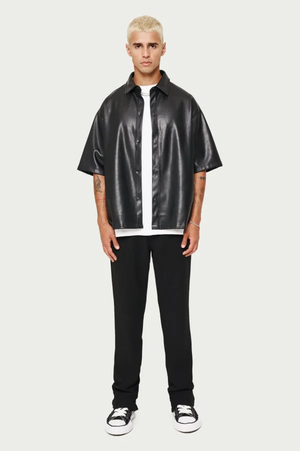 The Couture Club Shirts-Short Sleeve Boxy Leather Shirt