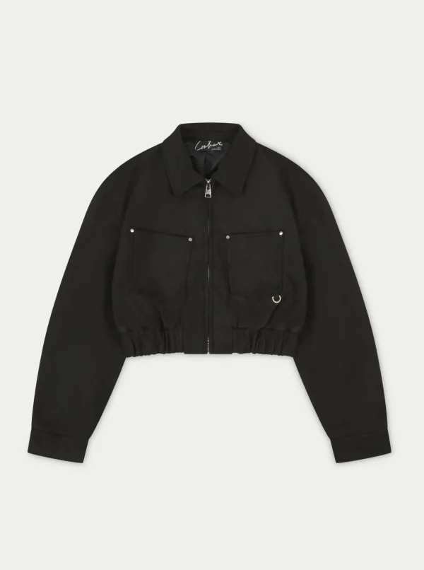 The Couture Club Co-Ords & Sets-Suede Cropped Carpenter Bomber Jacket