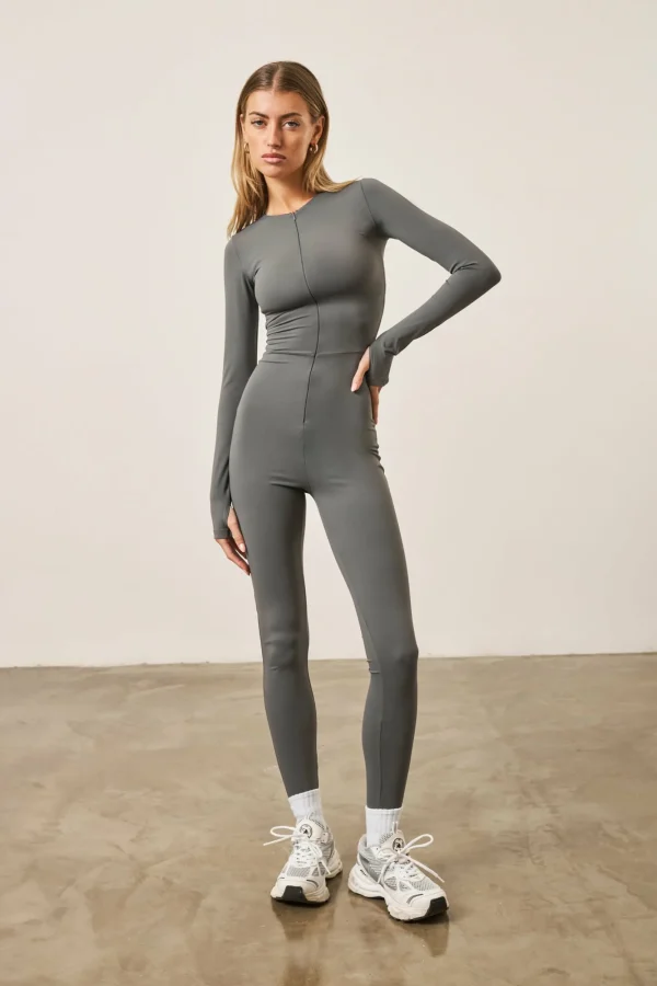 The Couture Club Unitards-Zip Front Jumpsuit- Charcoal